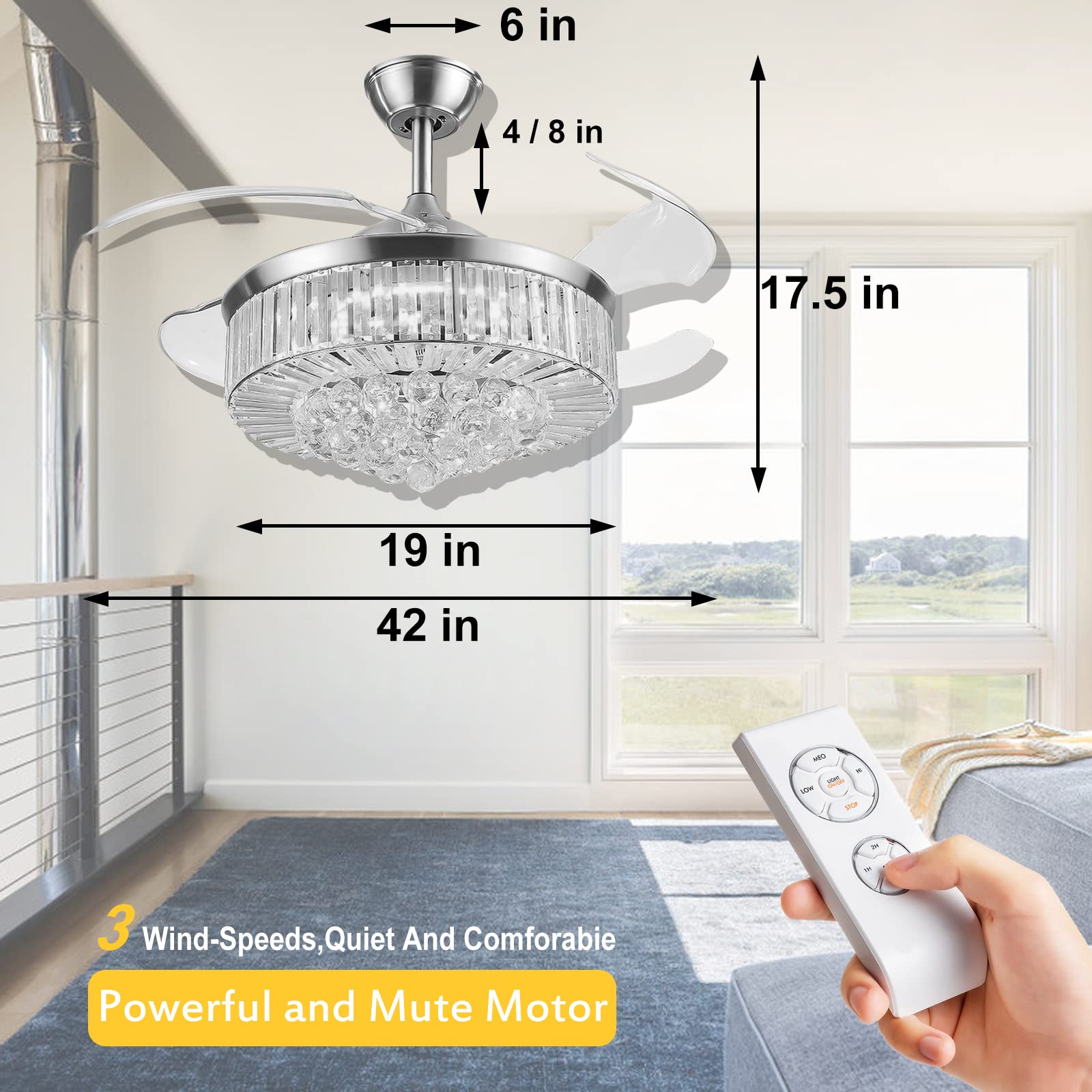 RuiWing 42'' Modern Fandelier Crystal Ceiling Fan with LED Light and Remote Control 3 Light Changes 3 Speeds Noise-Free Chandelier Ceiling Fan for Bedroom Indoor Living Room