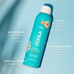 COOLA Organic Sunscreen SPF 30 Sunblock Spray, Dermatologist Tested Skin Care for Daily Protection, Vegan and Gluten Free, Tropical Coconut, 6 Fl Oz