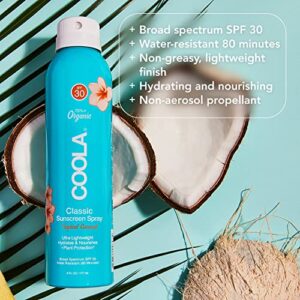 COOLA Organic Sunscreen SPF 30 Sunblock Spray, Dermatologist Tested Skin Care for Daily Protection, Vegan and Gluten Free, Tropical Coconut, 6 Fl Oz