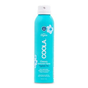 coola organic sunscreen spf 50 sunblock spray, dermatologist tested skin care for daily protection, vegan and gluten free, fragrance free, 6 fl oz