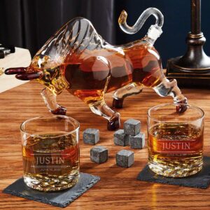 el matador bull whiskey decanter set with custom buckman glasses (personalized gift)