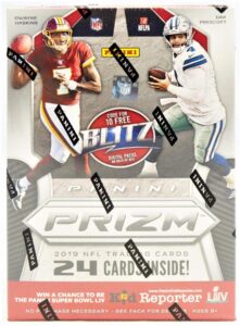 2019 panini prizm football unopened blaster box of packs with one memorabilia card and 3 exclusive lazer parallels in each box try for kyler murray and nick bosa rookie cards plus