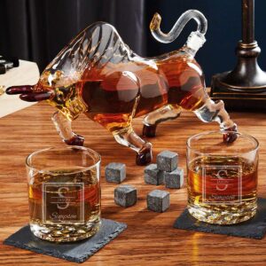 Custom Buckman Whiskey Glasses and El Matador Bull Whiskey Decanter Set (Personalized Gift)