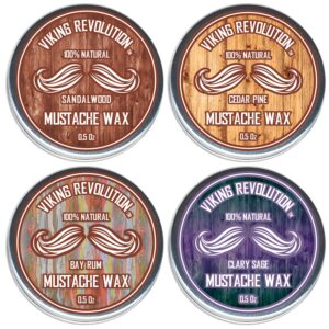 viking revolution mustache wax 4 variety pack - beard & moustache wax for men - strong hold helps train tame & style- sandalwood, clary sage, cedar pine, bay rum styles