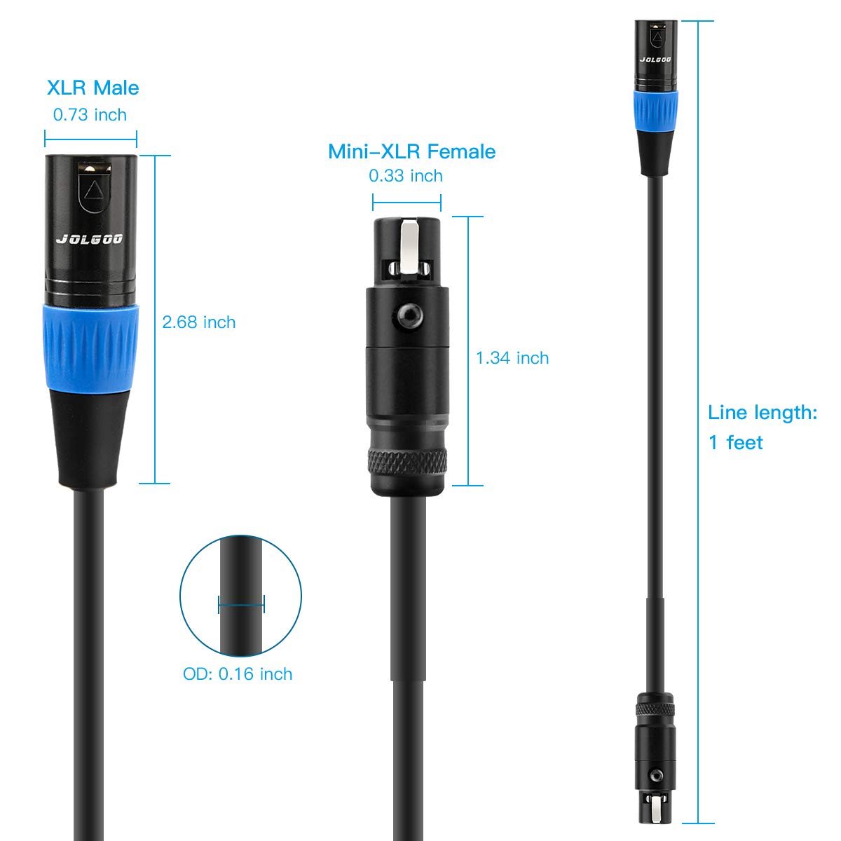 JOLGOO XLR Male to Mini XLR Female Adapter Cable, 3-pin XLR Male to 3-pin Mini XLR Female Adapter Cable, 1 Feet