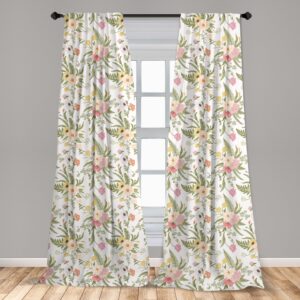 Ambesonne English Garden Curtains, Repetitive Floral Pattern with Vintage Different Flowers Bouquet, Window Treatments 2 Panel Set for Living Room Bedroom, Pair of - 28" x 84", Yellow Beige