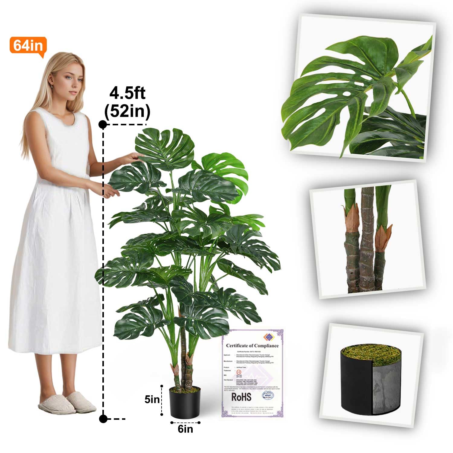 Aveyas 54'' Tall Large Artificial Monstera Deliciosa Plants, 4.5 Feet Faux Swiss Cheese Floor Plants Fake Tropical Silk Tree with Pot for Indoor Outdoor Office House Living Room Home Decor