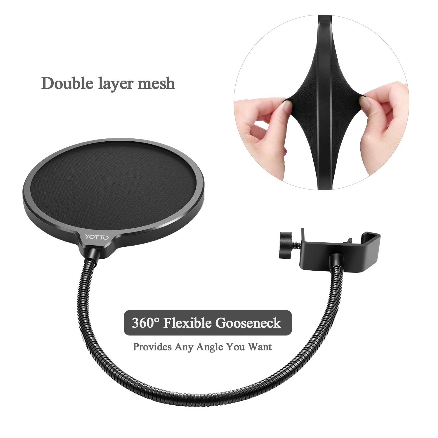 YOTTO Microphone Pop Filter For Blue Yeti and Any Other Microphone,Dual Layered Wind Pop Screen With 360°Gooseneck & Mic Cover Foam Windscreen for Blue Yeti,Yeti Pro Condenser Microphone,2 in 1 Pack