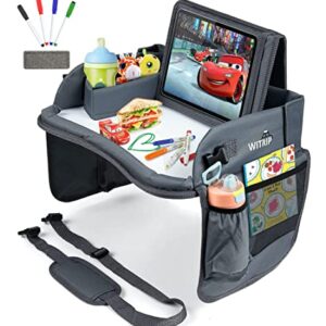 WITRIP Kids Travel Tray with Dry Erase Board, Travel Tray for Kids Car Seat, Carseat Table Trays for Toddler, Kid Activity Desk for Air Travel, No-Drop Tablet Holder & Borders (All Grey)