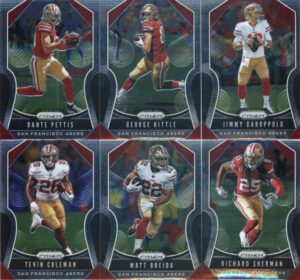 2019 panini prizm football san francisco 49ers veteran team set of 10 cards: steve young(#248), marquise goodwin(#249), dante pettis(#250), george kittle(#251), jimmy garoppolo(#252), tevin coleman(#253), matt breida(#254), richard sherman(#255), jerry ri