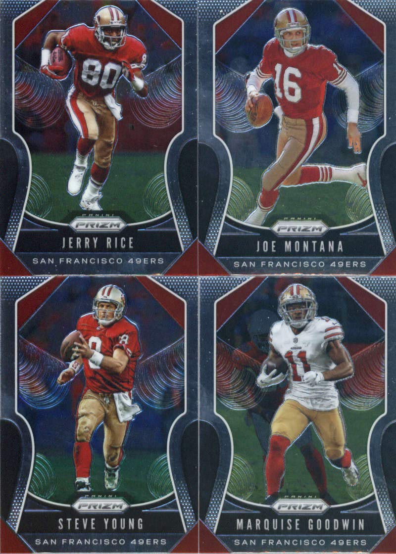 2019 Panini Prizm Football San Francisco 49ers Veteran Team Set of 10 Cards: Steve Young(#248), Marquise Goodwin(#249), Dante Pettis(#250), George Kittle(#251), Jimmy Garoppolo(#252), Tevin Coleman(#253), Matt Breida(#254), Richard Sherman(#255), Jerry Ri