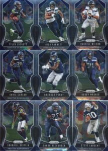 2019 panini prizm football seattle seahawks veteran team set of 9 cards: tyler lockett(#256), nick vannett(#257), russell wilson(#258), chris carson(#259), rashaad penny(#260), bobby wagner(#261), shaquill griffin(#262), shaun alexander(#283), steve large