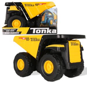 tonka steel classics, toughest mighty dump truck – made with steel and sturdy plastic, yellow friction powered, boys and girls, toddlers ages 3+, big construction truck, birthday gift, holiday