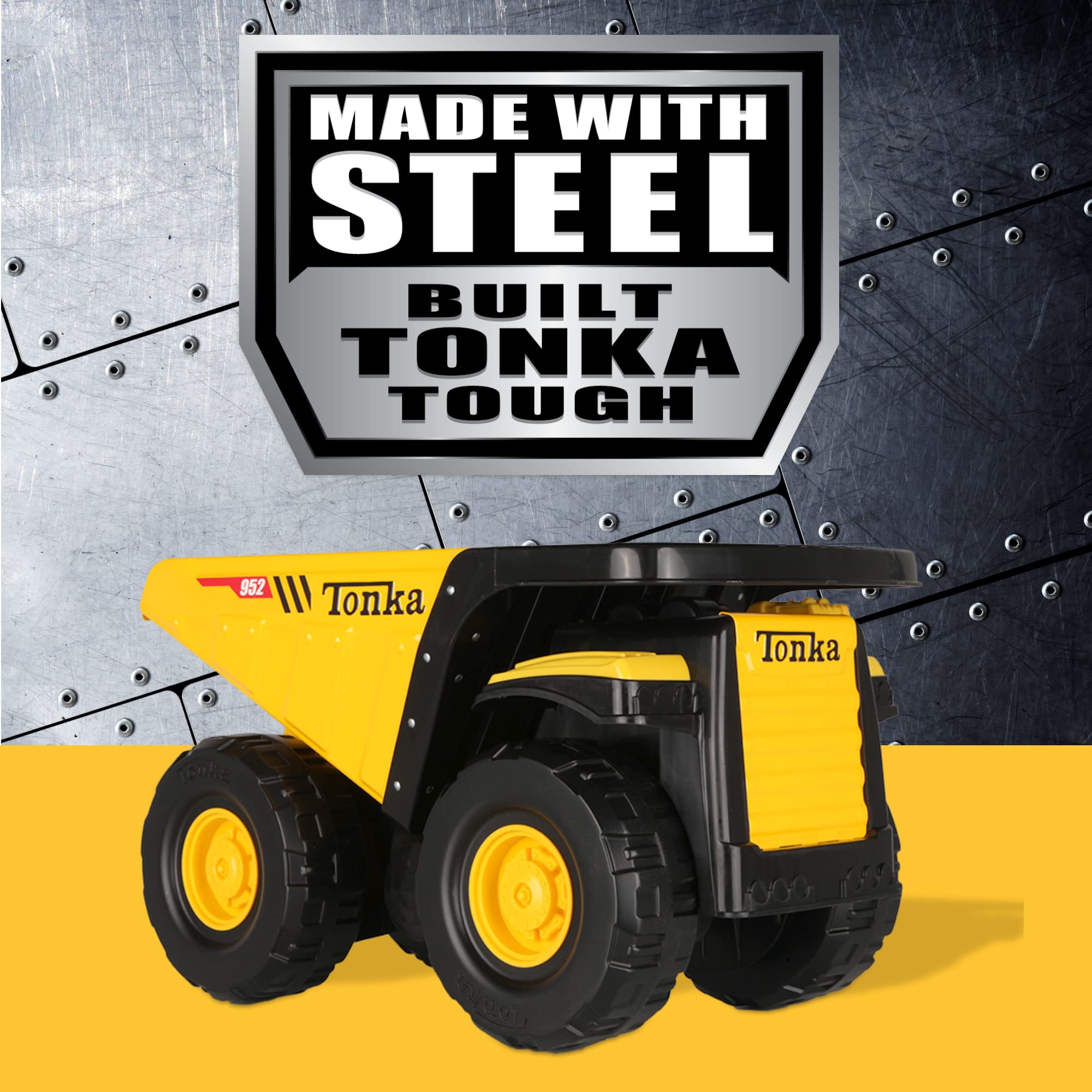 Tonka Steel Classics, Toughest Mighty Dump Truck – Made with Steel and Sturdy Plastic, Yellow Friction Powered, Boys and Girls, Toddlers Ages 3+, Big Construction Truck, Birthday Gift, Holiday