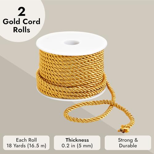 Bright Creations 36 Total Yards 5mm Twisted Gold Cord for Crafts, Gold Rope Ribbon for Sewing, Upholstery Trim,Household Decorations, 2 Rolls of 0.2" Reinforced Polyester Cordage, 18 Yards per Roll