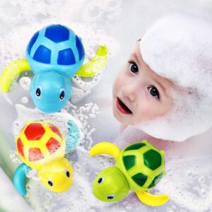 PEGAFOX Set of 3 Baby Bathtub Wind up Turtle Toys Fun Multi Colors Swimming Bath tub, Beach, Pool Playset for Boys and Girls