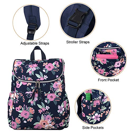 Multi-Function Floral Diaper Backpack and Travel Nappy Baby Bag with Changing Pad and Stroller Straps (Blue Floral)