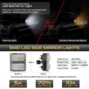 [Switchback White + Amber Sequential Turn Signal LED Strip] For 2008-2016 Ford F250 F350 F450 F550 Super Duty Black LED Towing Mirror Light, Driver & Passenger Side