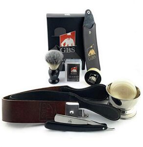 g.b.s wet shaving kit for men shaving kit includes 6/8in rust-free straight razor with black wooden handle, synthetic brush with chrome shave soap bowl leather strop