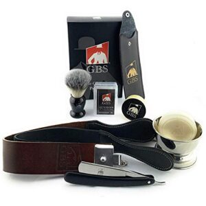 G.B.S Wet Shaving Kit for Men Shaving Kit Includes 6/8in Rust-free Straight Razor with Black Wooden Handle, Synthetic Brush with chrome Shave Soap Bowl Leather Strop