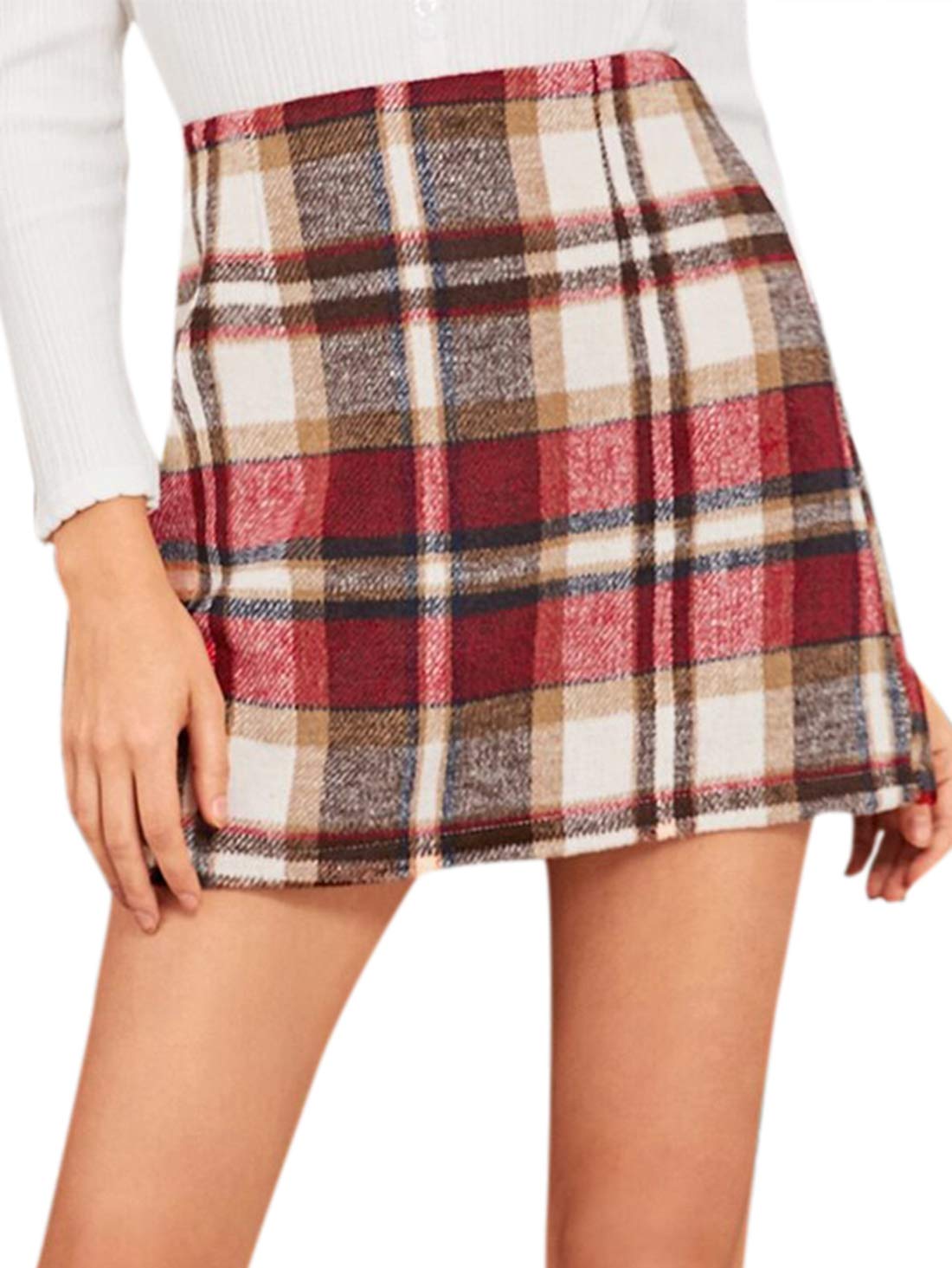 MakeMeChic Women's Plaid Skirt High Waisted Pencil Mini Skirt D Beige red L