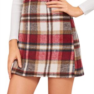 MakeMeChic Women's Plaid Skirt High Waisted Pencil Mini Skirt D Beige red L