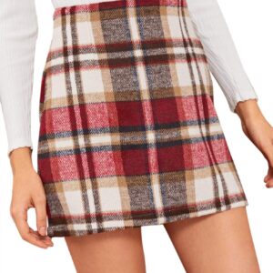 MakeMeChic Women's Plaid Skirt High Waisted Pencil Mini Skirt D Beige red L