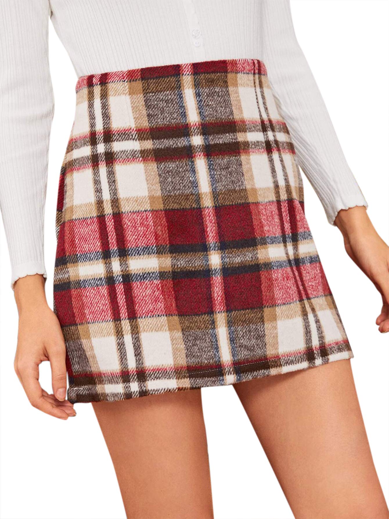 MakeMeChic Women's Plaid Skirt High Waisted Pencil Mini Skirt D Beige red L