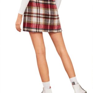 MakeMeChic Women's Plaid Skirt High Waisted Pencil Mini Skirt D Beige red L