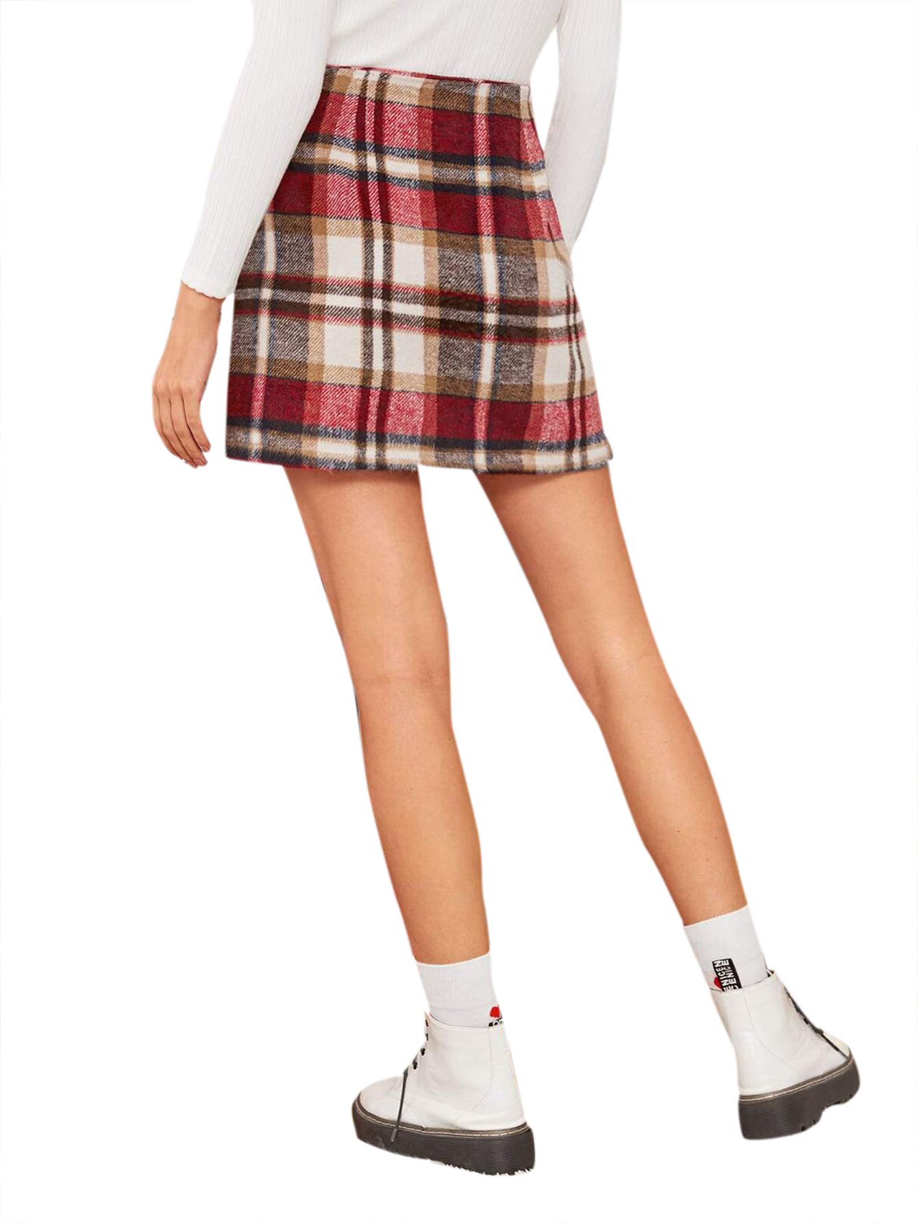 MakeMeChic Women's Plaid Skirt High Waisted Pencil Mini Skirt D Beige red L