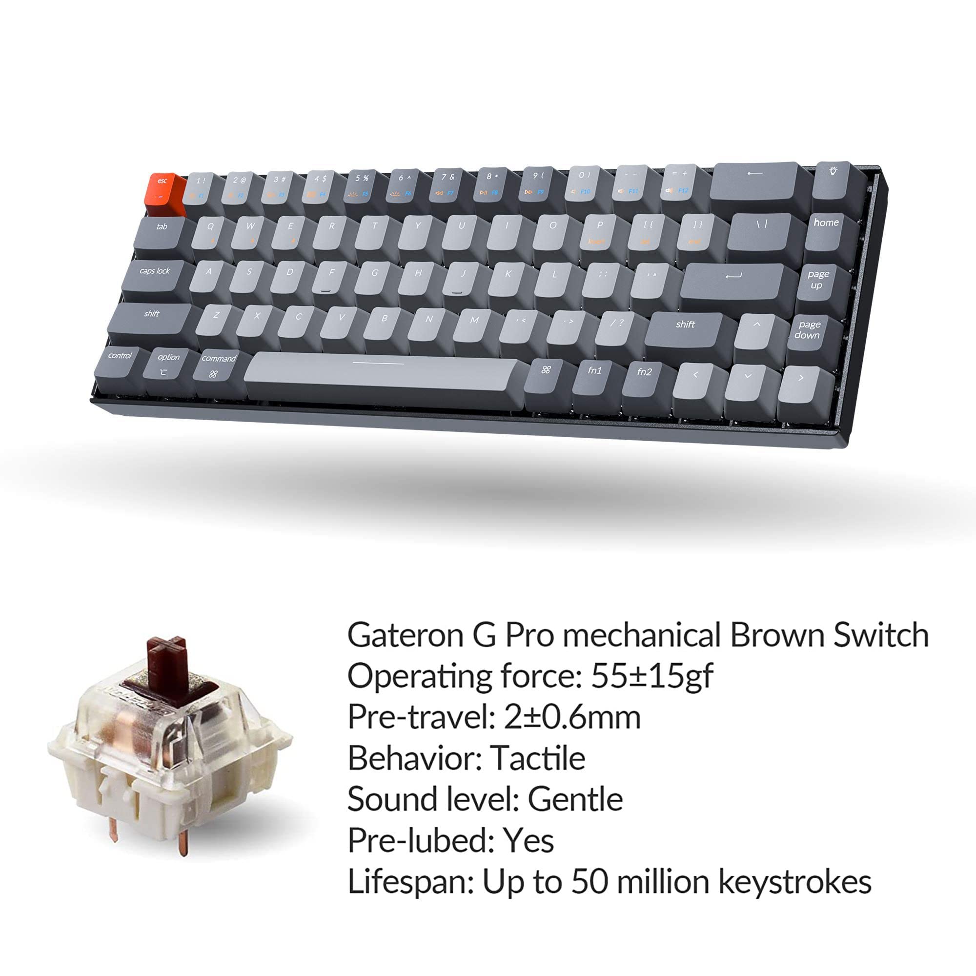 Keychron K6 Bluetooth 5.1 Wireless Mechanical Keyboard with Gateron G Pro Brown Switch/LED Backlit/Rechargeable Battery, 68 Keys Compact Keyboard Compatible with Mac Windows