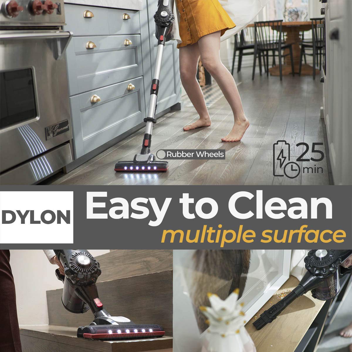 Roomie Tec Dylon Cordless Stick Vacuum Cleaner, Self-Standing, Up to 25min, Advanced Filtration System