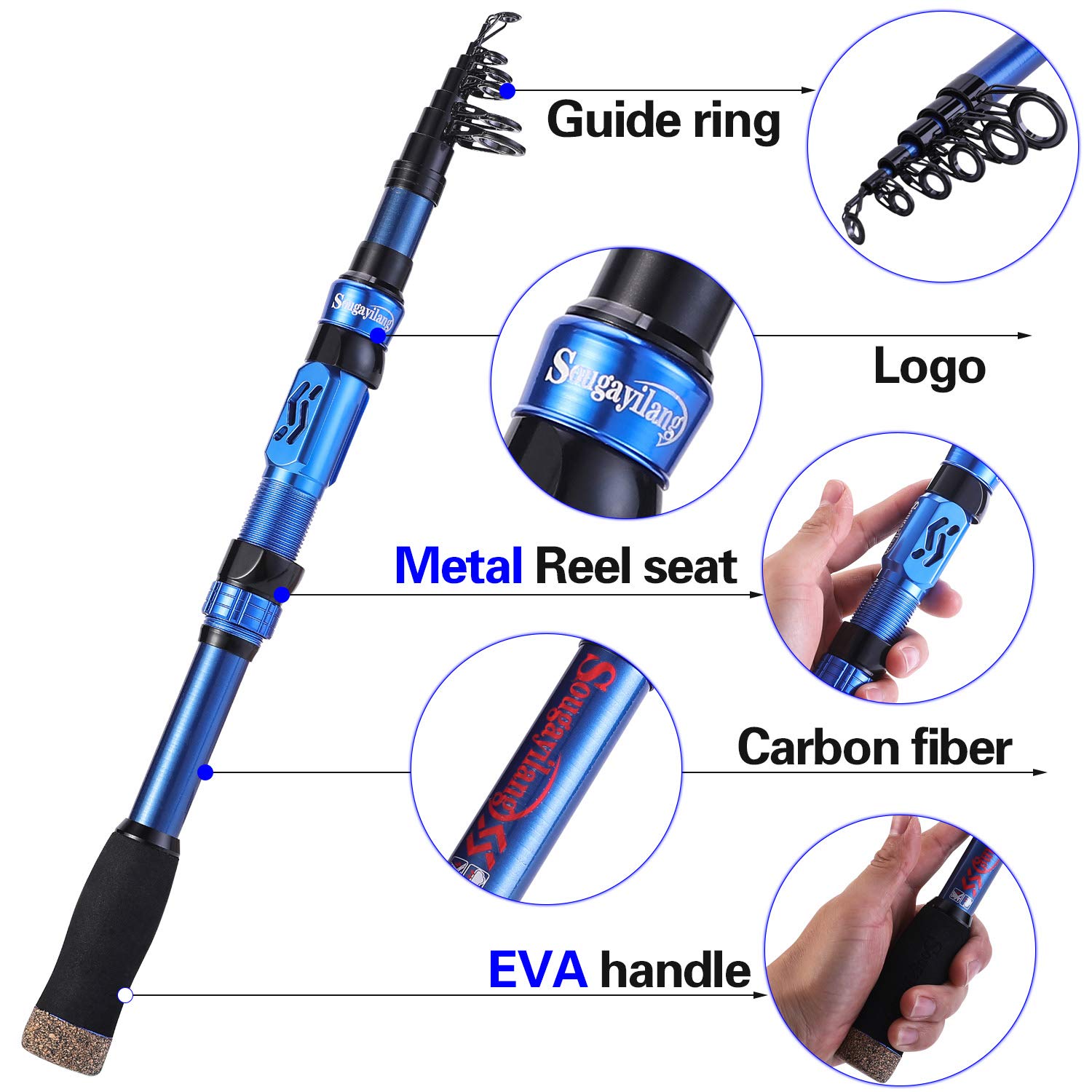 Sougayilang Fishing Rod Telescopic Fishing Rod Portable- 24 Ton Carbon Fiber,CNC Machined Reel Seat, Comfortable EVA Handle, Travel Fishing Pole for Bass Trout Fishing(Blue,1.8M/5.9FT)