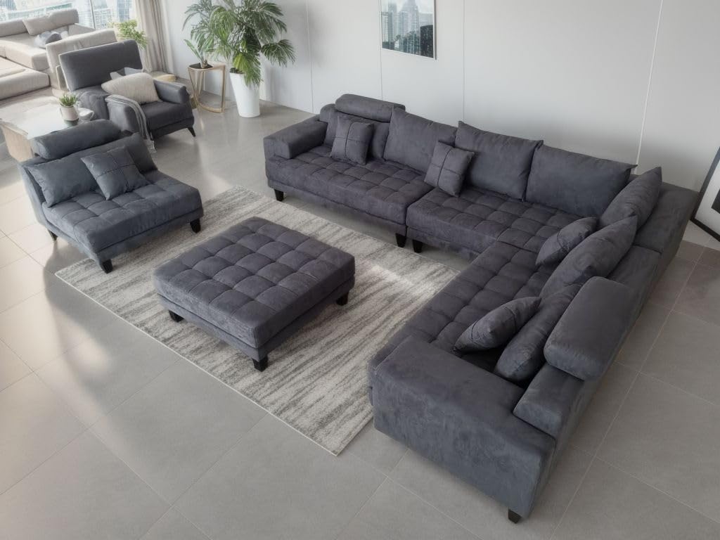 Stendmar 5-Piece L Shape/U Shape Living Room High Back with Headrest Reversible Contemporary Dark Grey Microfiber Fabric Sectional Couch Sofa Set S150D5A