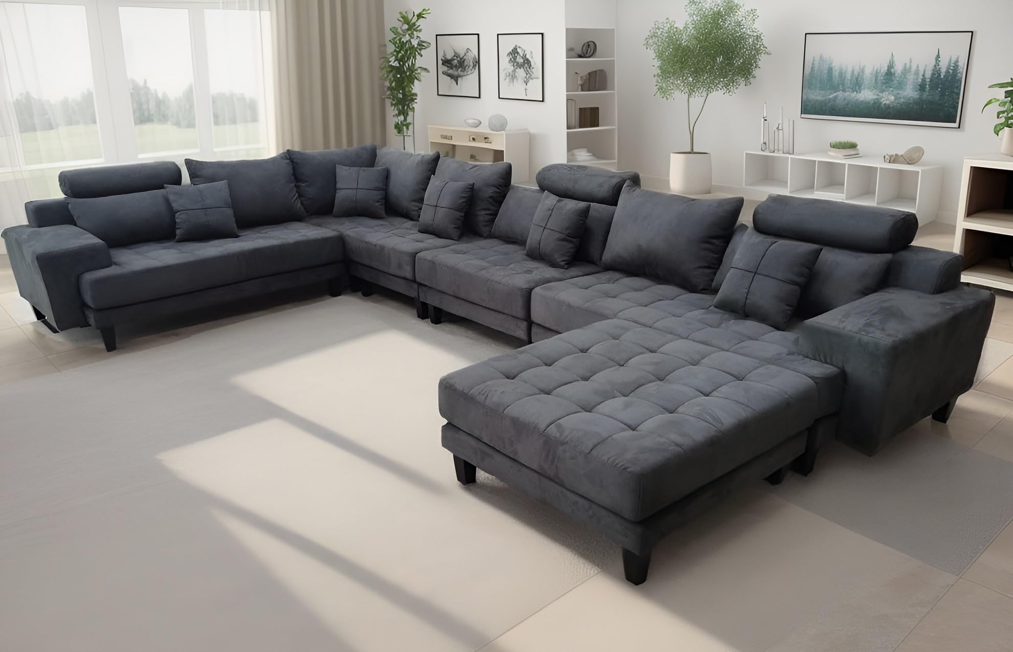 Stendmar 5-Piece L Shape/U Shape Living Room High Back with Headrest Reversible Contemporary Dark Grey Microfiber Fabric Sectional Couch Sofa Set S150D5A