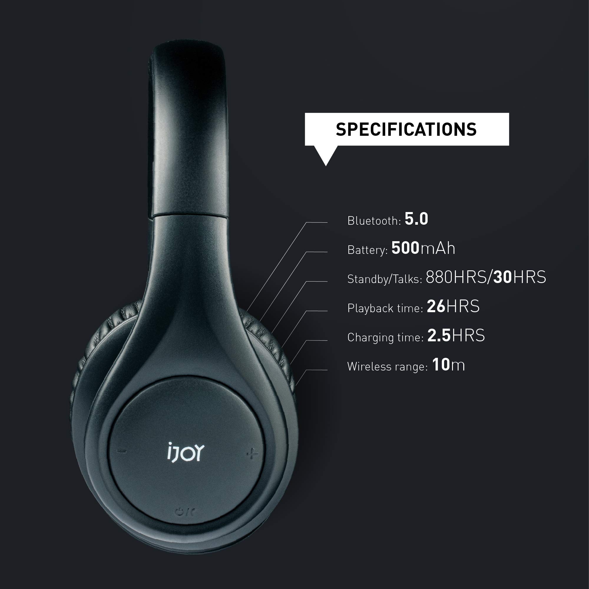 iJoy ISO Bluetooth 5.0 Wireless Over Ear Foldable Stereo Headphones with 30 Hours Battery and Built-in Microphone, (Matte Black)