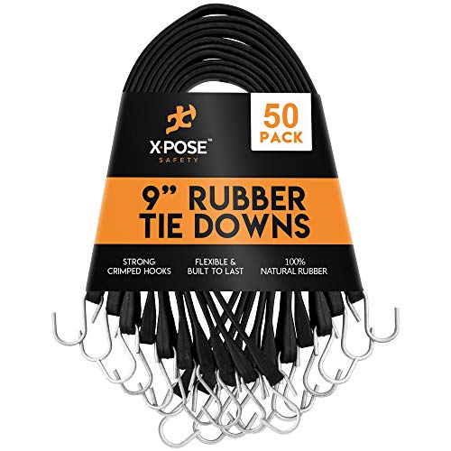 Rubber Bungee Cords with Hooks 50 Pack 9 Inch (14” Max Stretch) Heavy-Duty Black Tie Down Straps for Outdoor, Tarp Covers, Canvas Canopies, Motorcycle, and Cargo - by Xpose Safety