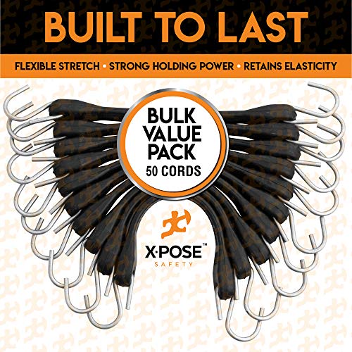 Rubber Bungee Cords with Hooks 50 Pack 9 Inch (14” Max Stretch) Heavy-Duty Black Tie Down Straps for Outdoor, Tarp Covers, Canvas Canopies, Motorcycle, and Cargo - by Xpose Safety