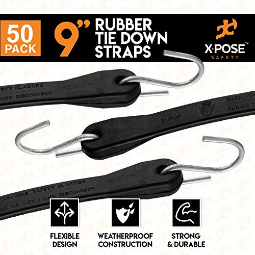 Rubber Bungee Cords with Hooks 50 Pack 9 Inch (14” Max Stretch) Heavy-Duty Black Tie Down Straps for Outdoor, Tarp Covers, Canvas Canopies, Motorcycle, and Cargo - by Xpose Safety