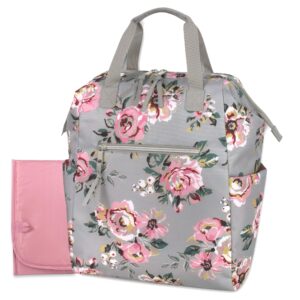 wide open frame diaper bag backpack and nappy travel bag tote with changing pad, stroller straps (floral frenzy)