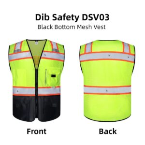 Dib Safety Vest Reflective with Pockets and Zipper, High Visibility Mesh ANSI Class 2, Made with 3M Reflective Tape, Yellow and Black Medium