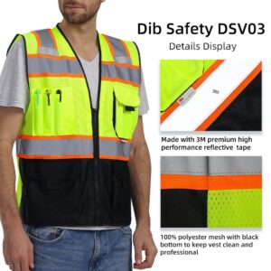 Dib Safety Vest Reflective with Pockets and Zipper, High Visibility Mesh ANSI Class 2, Made with 3M Reflective Tape, Yellow and Black Medium