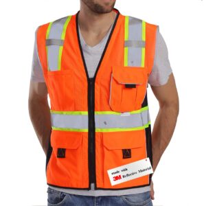 dib safety vest reflective orange mesh, high visibility vest with pockets and zipper, heavy duty vest made with 3m reflective tape l