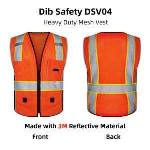 Dib Safety Vest Reflective Orange Mesh, High Visibility Vest with Pockets and Zipper, Heavy Duty Vest Made with 3M Reflective Tape L