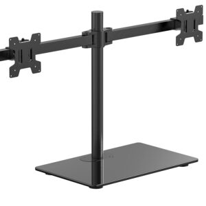 wali free standing dual monitor stand, height adjustable monitor mount with glass base, fits lcd led flat curved screen up to 27 inch, 22lbs, with grommet base (gmf002)