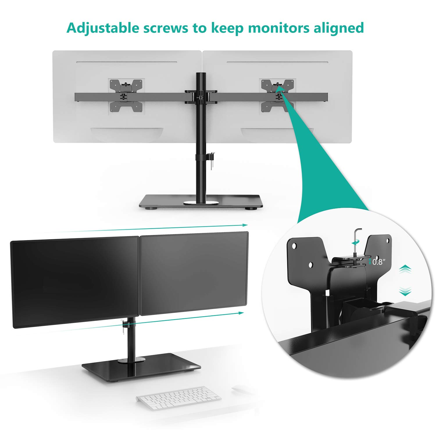 WALI Free Standing Dual Monitor Stand, Height Adjustable Monitor Mount with Glass Base, Fits LCD LED Flat Curved Screen up to 27 inch, 22lbs, with Grommet Base (GMF002)