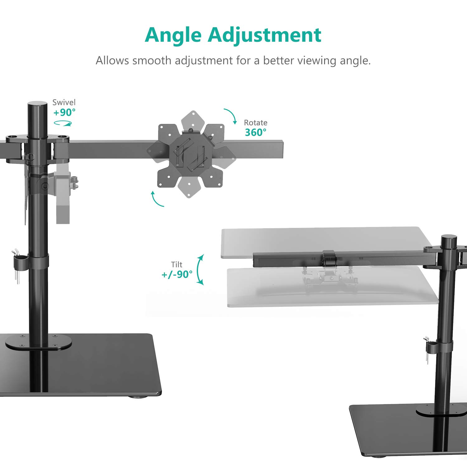 WALI Free Standing Dual Monitor Stand, Height Adjustable Monitor Mount with Glass Base, Fits LCD LED Flat Curved Screen up to 27 inch, 22lbs, with Grommet Base (GMF002)