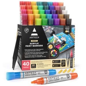 arteza acrylic paint markers, set of 40 acrylic paint pens in assorted colors, art & craft supplies for glass, pottery, ceramic, plastic, rock, and canvas painting