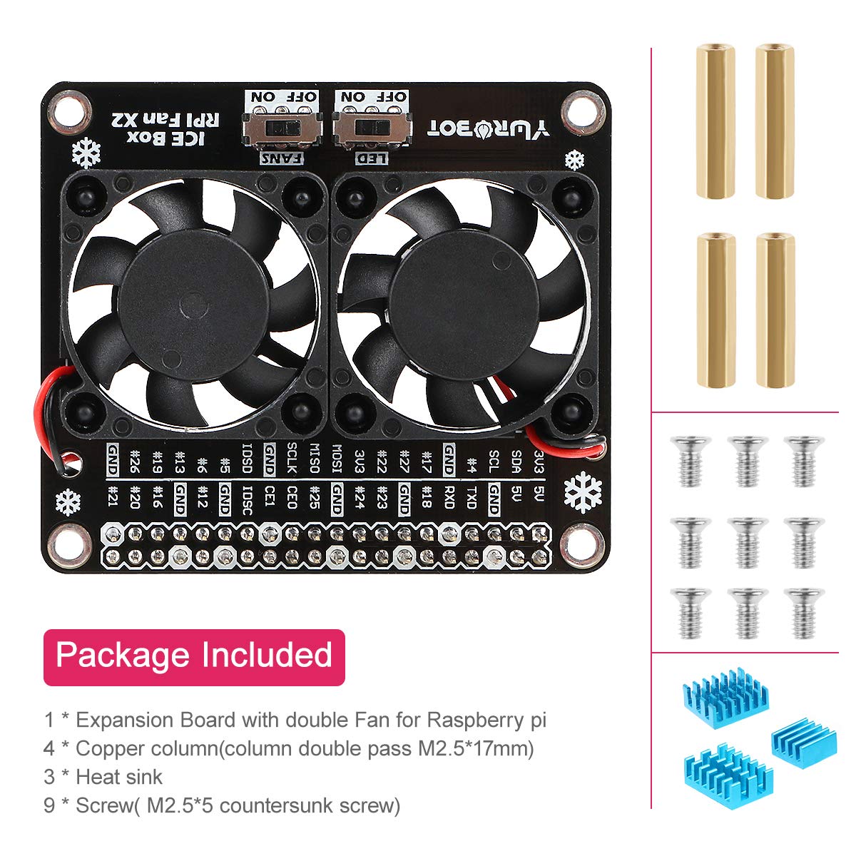 MakerFocus Raspberry Pi 4B Dual Cooling Fans, Raspberry Pi 4B Heatsink Kit, Raspberry Pi 4B GPIO Expansion Board DC 5V 0.2A with LED Compatible with Raspberry Pi 4B / 3B+ / 3B / 3A+