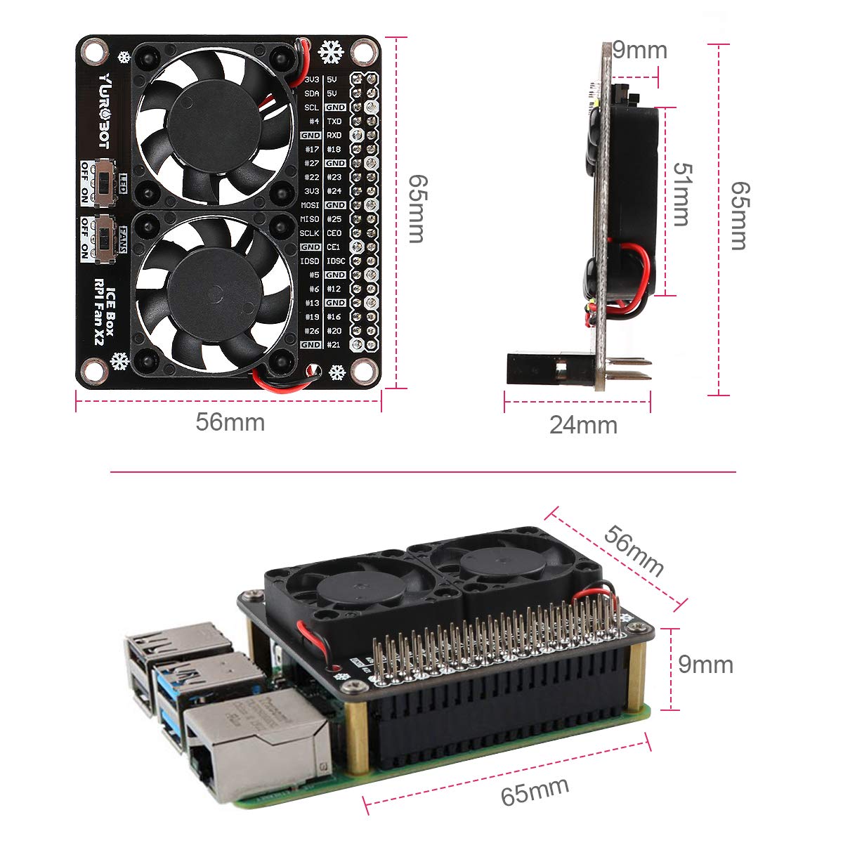 MakerFocus Raspberry Pi 4B Dual Cooling Fans, Raspberry Pi 4B Heatsink Kit, Raspberry Pi 4B GPIO Expansion Board DC 5V 0.2A with LED Compatible with Raspberry Pi 4B / 3B+ / 3B / 3A+